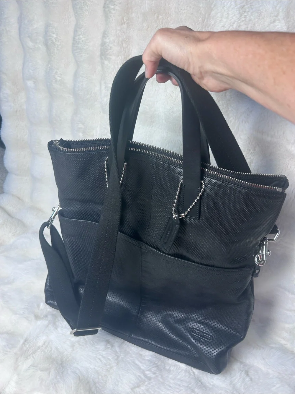 Coach Thompson 70718 Black Perforated Leather Foldover Tote + Original Box